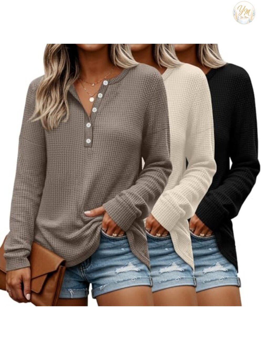 3 Pack Women's Waffle Henley Long Sleeve Tops, Soft Casual V Neck Tunics